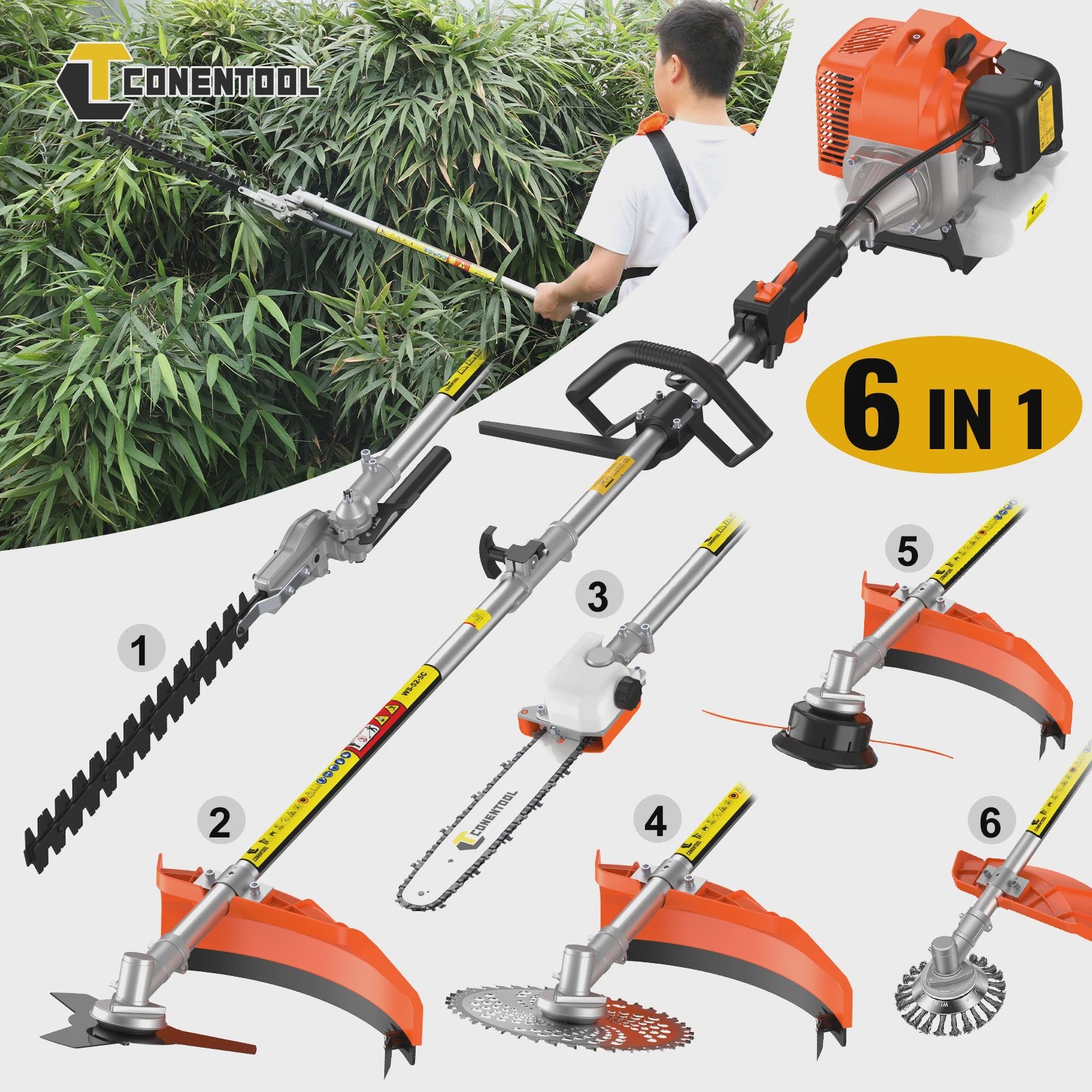 CONENTOOL 52CC 6-in-1 Benzine Tuinmachine: Grastrimmer, Heggenschaar, Kettingzaag & Meer