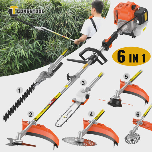 CONENTOOL 52CC 6-in-1 Benzine Tuinmachine: Grastrimmer, Heggenschaar, Kettingzaag & Meer