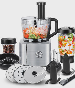 11-in-1 Keukenmachine 1100W met 3.2L Kom & 1.5L Blender - Compact Zilver