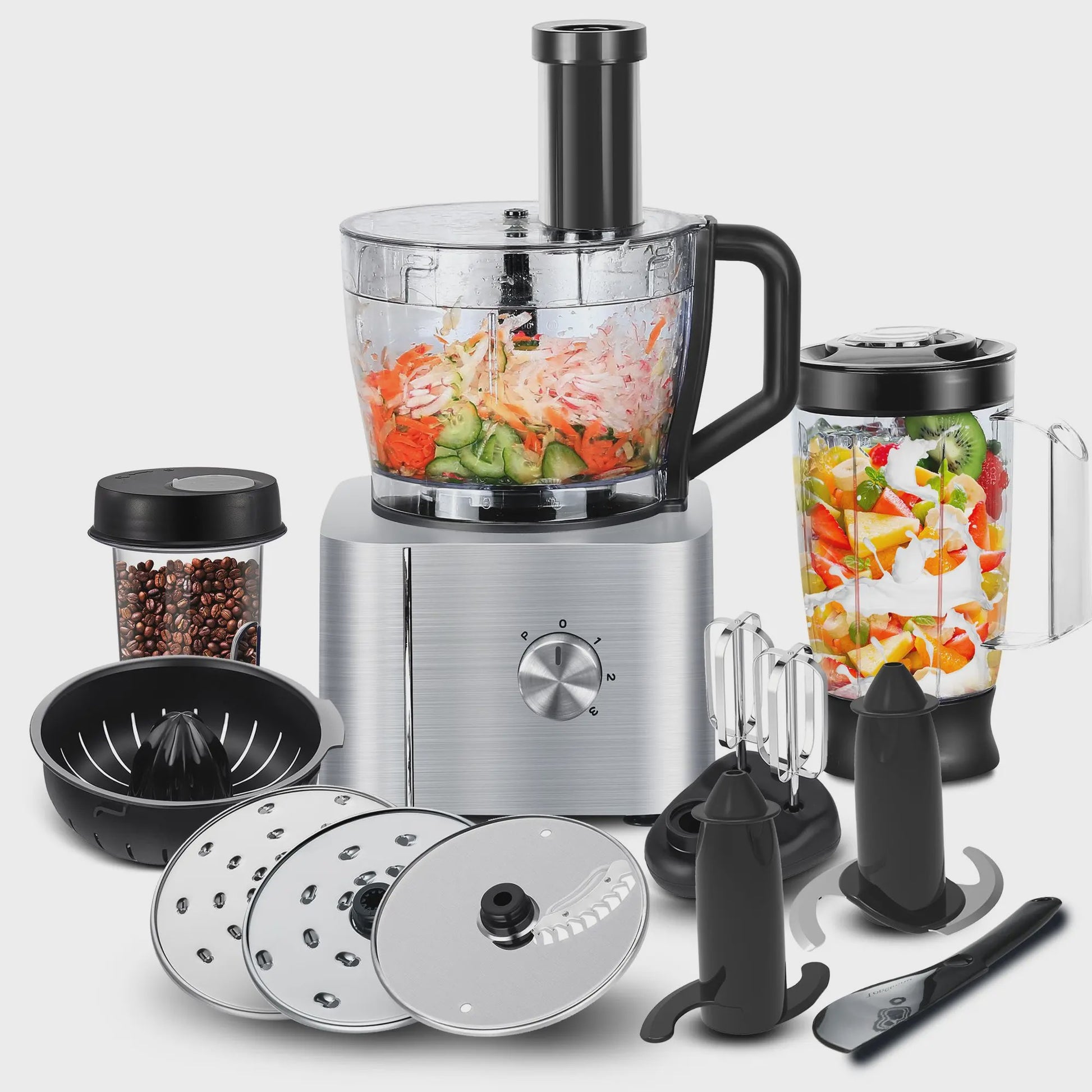 11-in-1 Keukenmachine 1100W met 3.2L Kom & 1.5L Blender - Compact Zilver