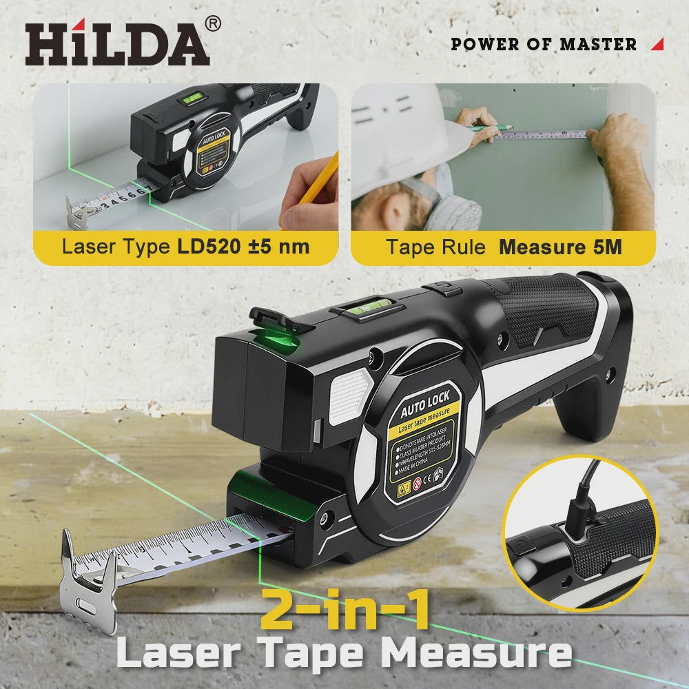 HILDA 2-in-1 Laser Rolbandmaat met Groene Laser & Automatische Vergrendeling - Oplaadbaar
