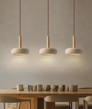 Wabi Sabi Hanglamp Rond Geel Steen met Hout - Sfeervolle LED Verlichting