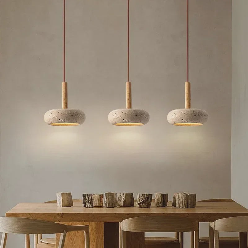 Wabi Sabi Hanglamp Rond Geel Steen met Hout - Sfeervolle LED Verlichting