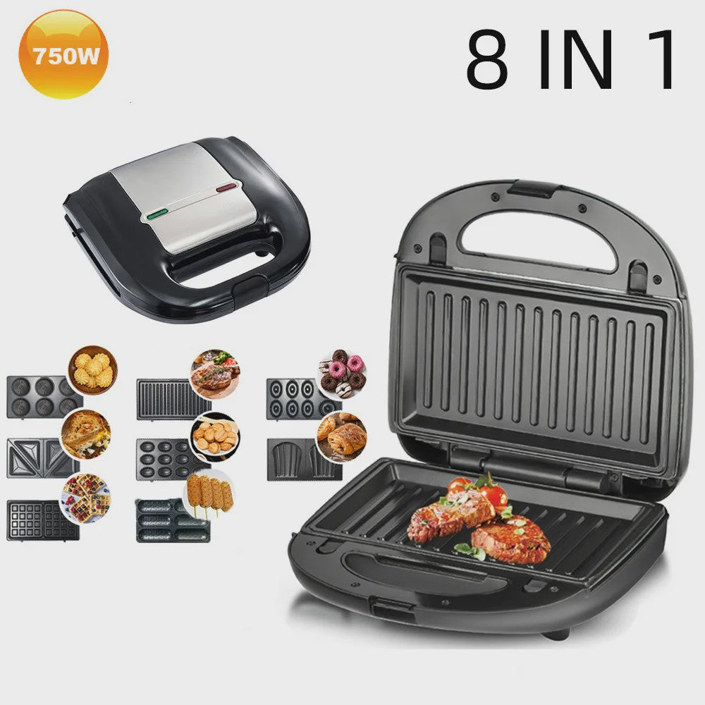 8-in-1 Multifunctionele Contactgrill & Wafelijzer - Wisselplaten voor Broodjes, Donuts, Wafels & Meer