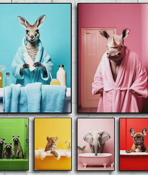 Grappige Dieren Poster Set - Kangoeroe, Nijlpaard, Olifant in Bad - Canvas Muurdecoratie