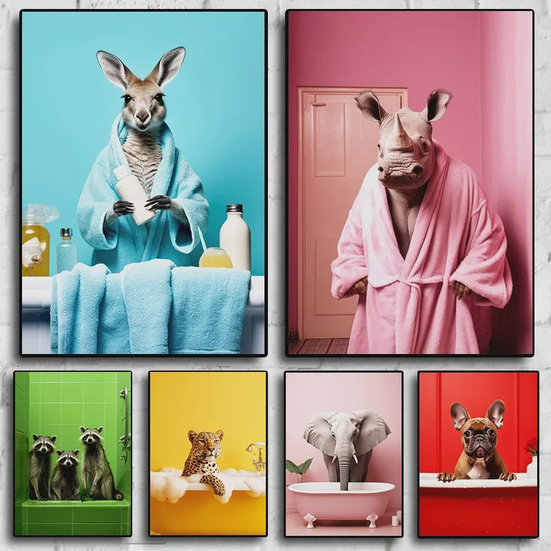 Grappige Dieren Poster Set - Kangoeroe, Nijlpaard, Olifant in Bad - Canvas Muurdecoratie