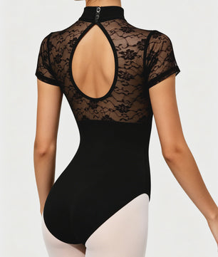 Dames Ballet Leotard met Kant en Hoge Hals - Korte Mouwen & Holle Rug