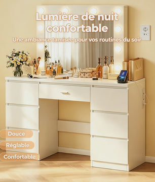 Witte Kaptafel met LED Spiegel, 8 Lades & Ingebouwd Stopcontact