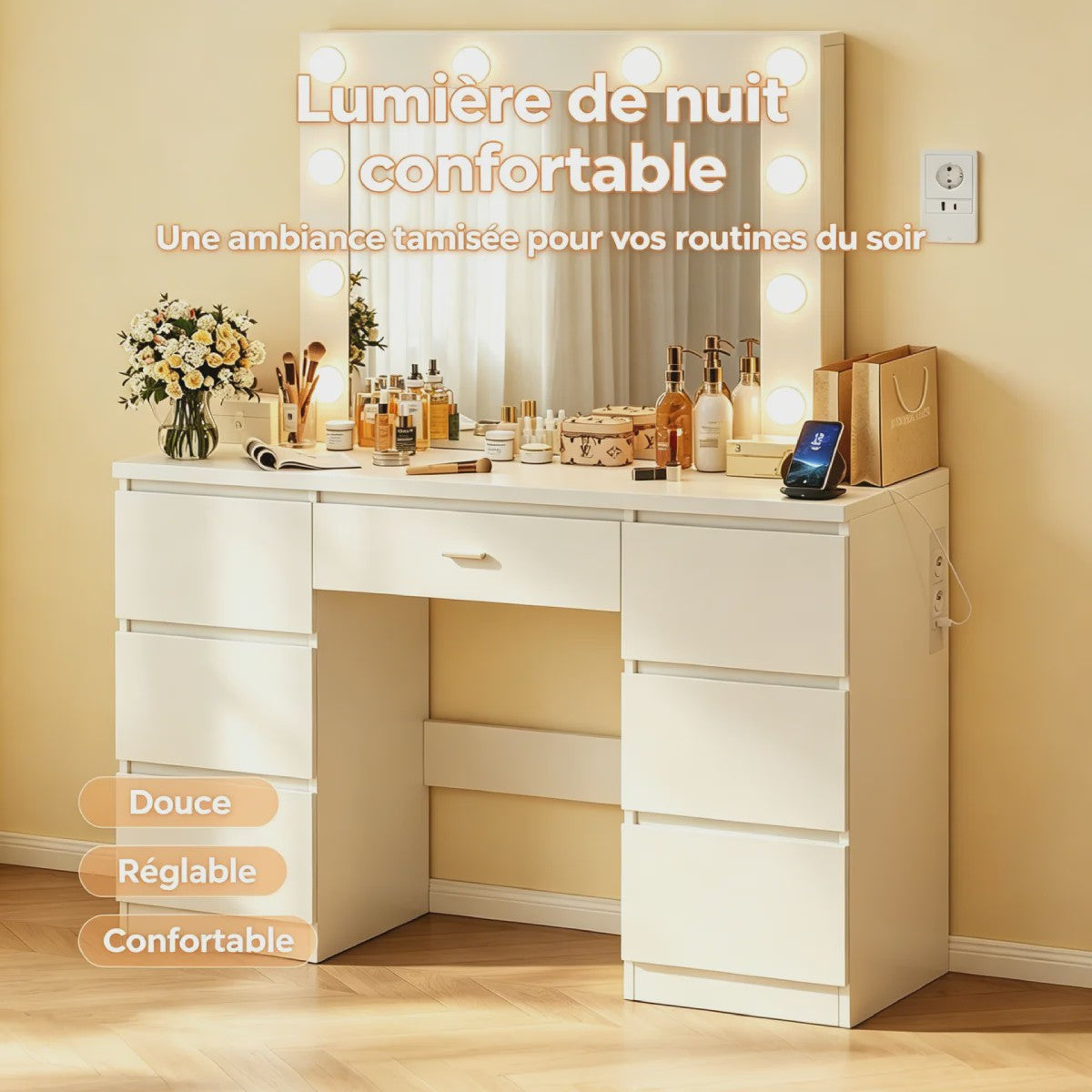 Witte Kaptafel met LED Spiegel, 8 Lades & Ingebouwd Stopcontact