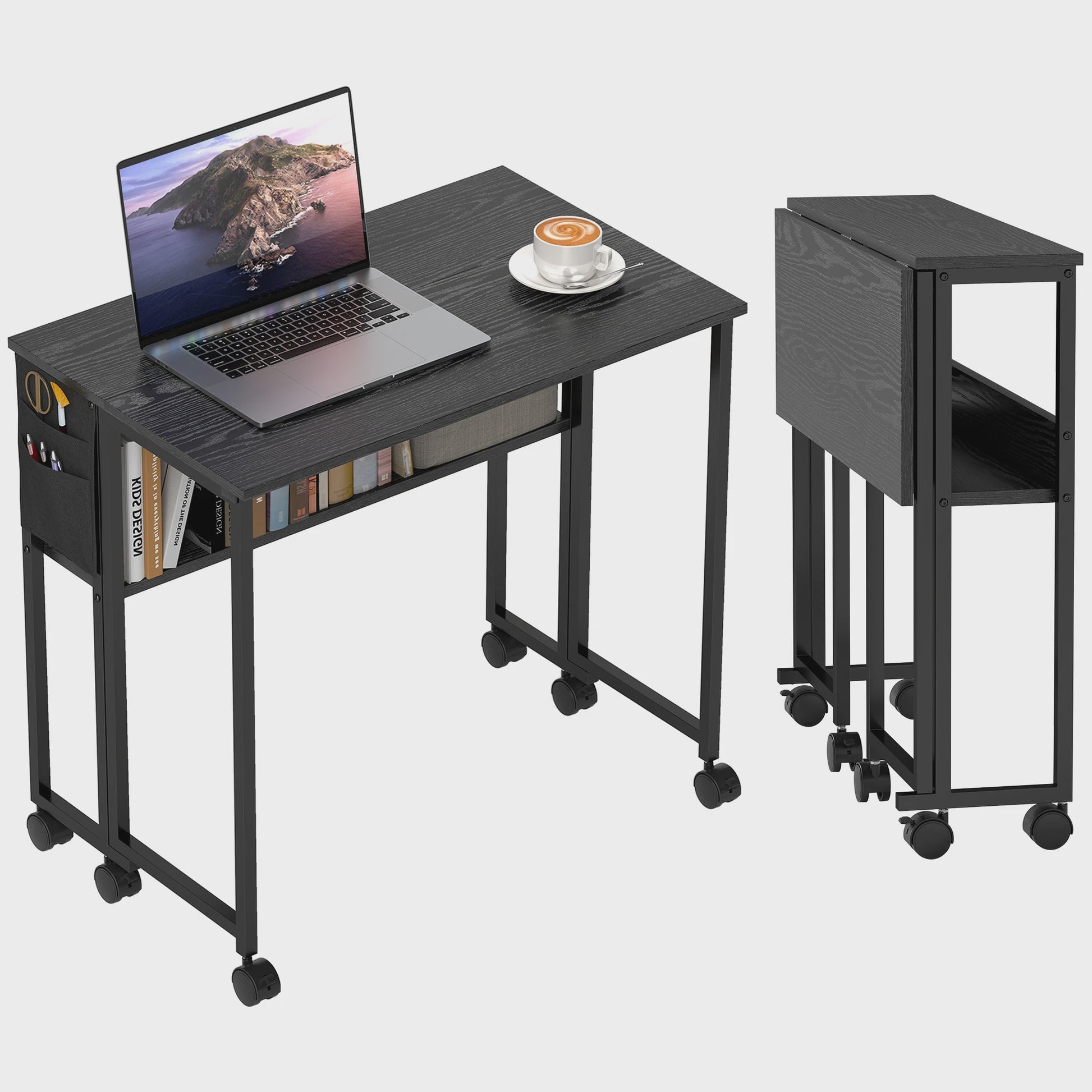 HOMCOM Inklapbaar Bureau op Wieltjes (80x50 cm) met Plank en Opbergvak - Zwart
