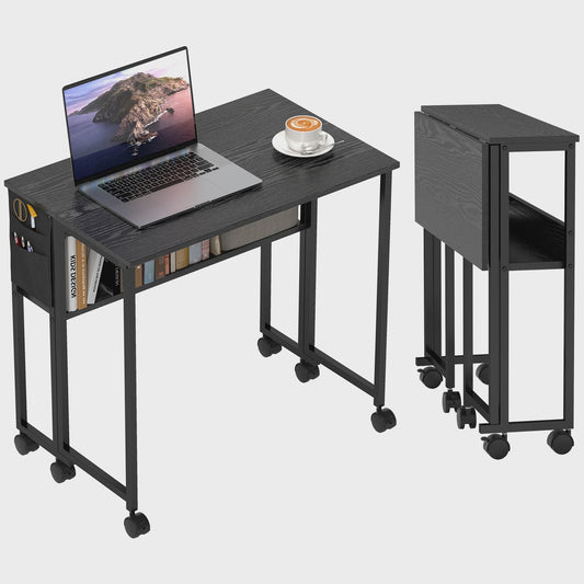 HOMCOM Inklapbaar Bureau op Wieltjes (80x50 cm) met Plank en Opbergvak - Zwart