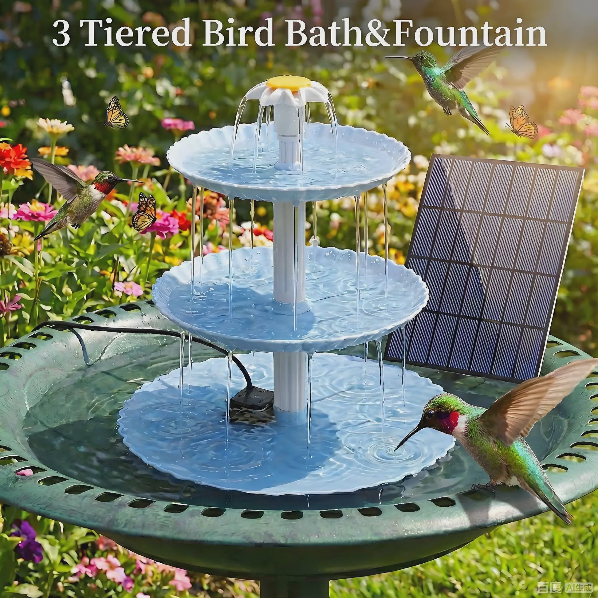 3-Tier Zonne-Fontein Vogelbad & Voederstation - Decoratieve Tuindecoratie