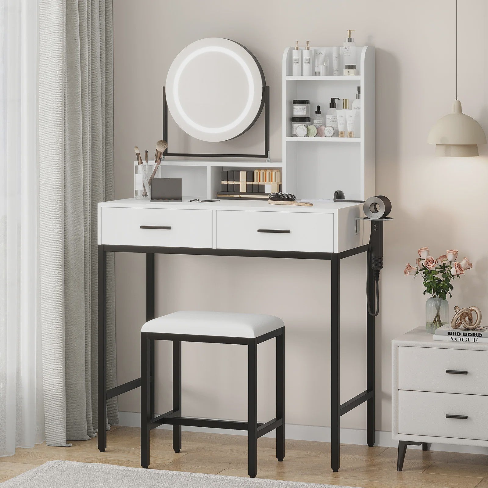 Make-up Tafel met Verlichte Spiegel, 3 Lichtstanden & Föhn-houder