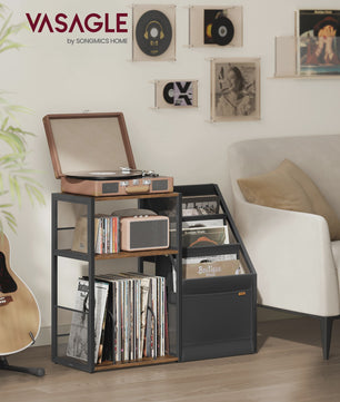 VASAGLE Platenkast met Draaitafelstandaard - 3 Verdiepingen voor Vinyl & Muziekapparatuur