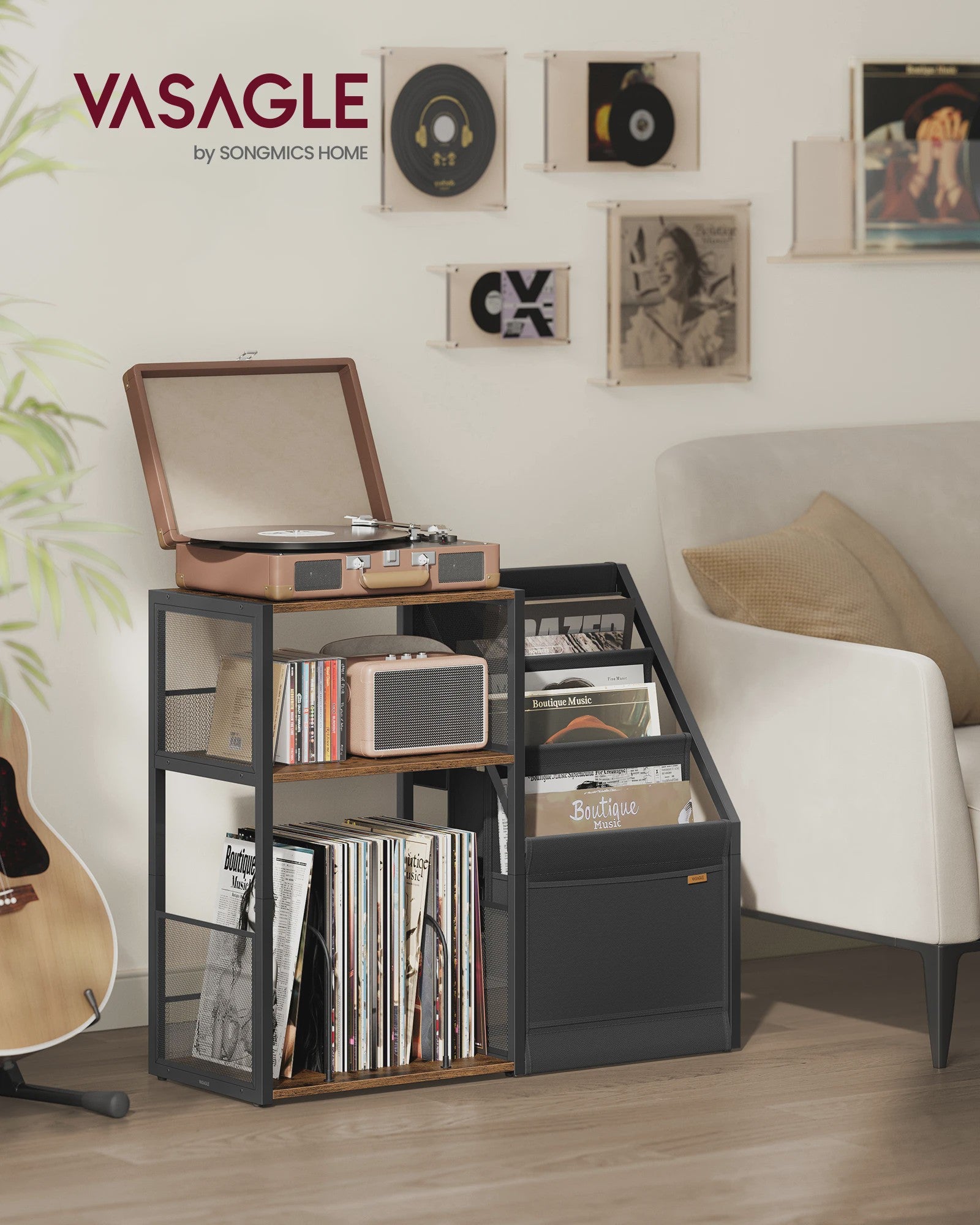 VASAGLE Platenkast met Draaitafelstandaard - 3 Verdiepingen voor Vinyl & Muziekapparatuur