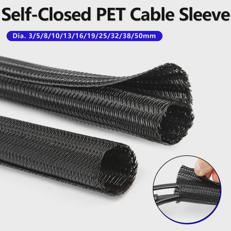 Zwarte PET Kabel Sleeve - Uitbreidbaar, Zelfsluitend & Splitbaar voor Kabelbeheer (3-50mm)