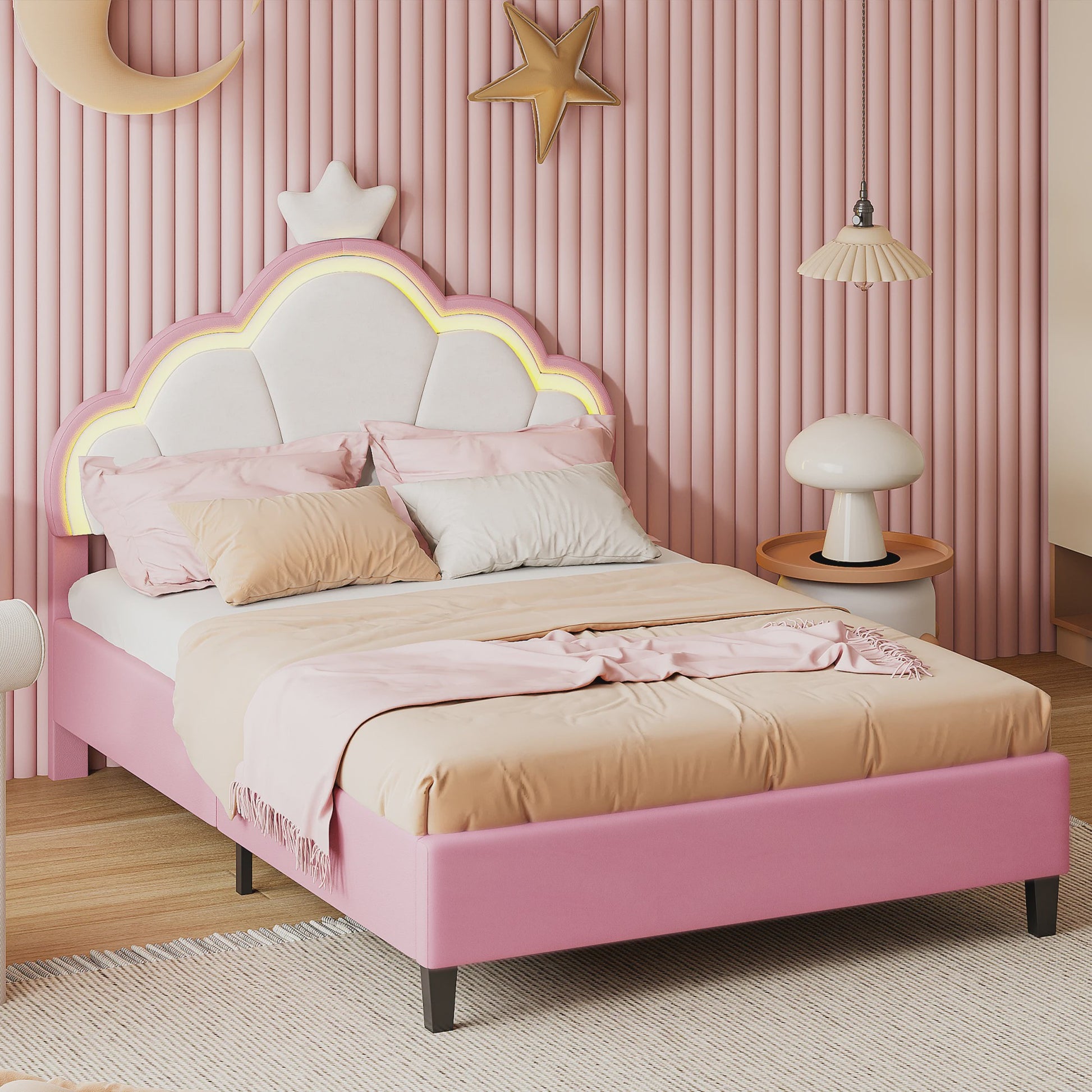 Betoverend Prinsessenbed met Kroon en LED-verlichting - Roze Kinderbed