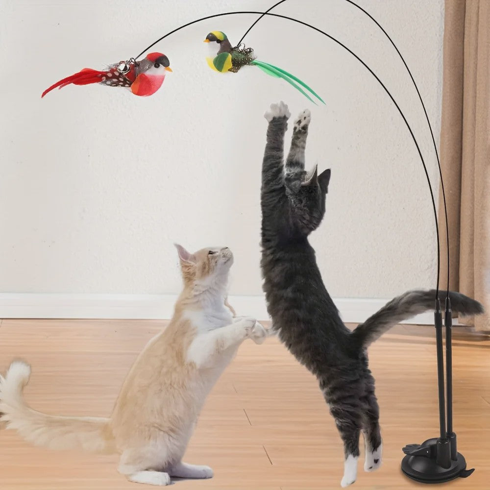 Interactieve Katten Speelstok met Dubbele Vogel en Sterke Zuignap