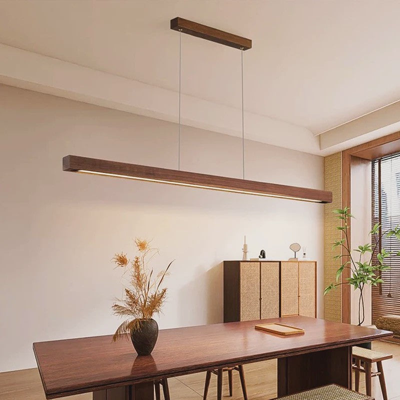 Houten LED Hanglamp Lange Strip - Stijlvolle Verlichting voor Eettafel, Woon- en Eetkamer