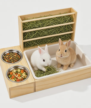 3 in 1 Rabbit Hay Feeder with Litter Box and Bowls, Wooden Small Animal Feeding Station with Hay Rack, Rabbit Food Dispenser for Guinea Pig Hamster Chinchilla Ferret