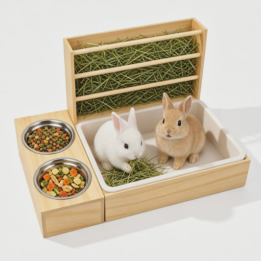 3 in 1 Rabbit Hay Feeder with Litter Box and Bowls, Wooden Small Animal Feeding Station with Hay Rack, Rabbit Food Dispenser for Guinea Pig Hamster Chinchilla Ferret