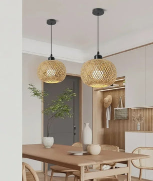 Retro Bamboe Hanglamp Bolvormig - Verstelbare Plafondlamp met Handgeweven Rattan