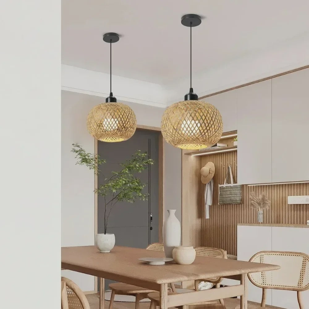 Retro Bamboe Hanglamp Bolvormig - Verstelbare Plafondlamp met Handgeweven Rattan
