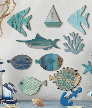 Houten Oceaan Muurdecoratie Set: Vissen, Koraal, Zeester & Zeilboot - Kuststijl Huisdecoratie
