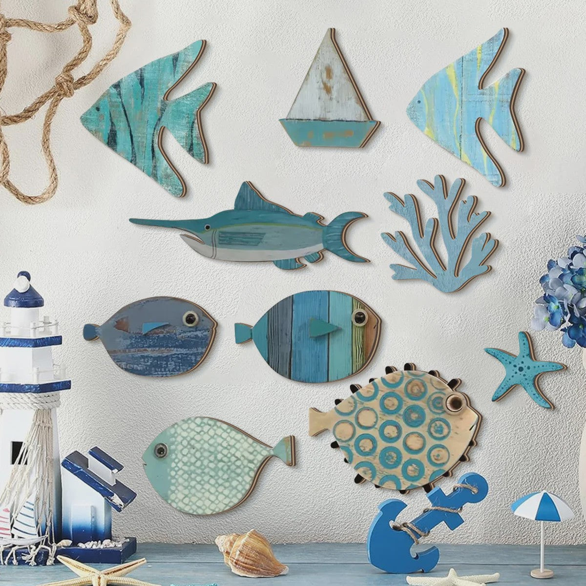 Houten Oceaan Muurdecoratie Set: Vissen, Koraal, Zeester & Zeilboot - Kuststijl Huisdecoratie
