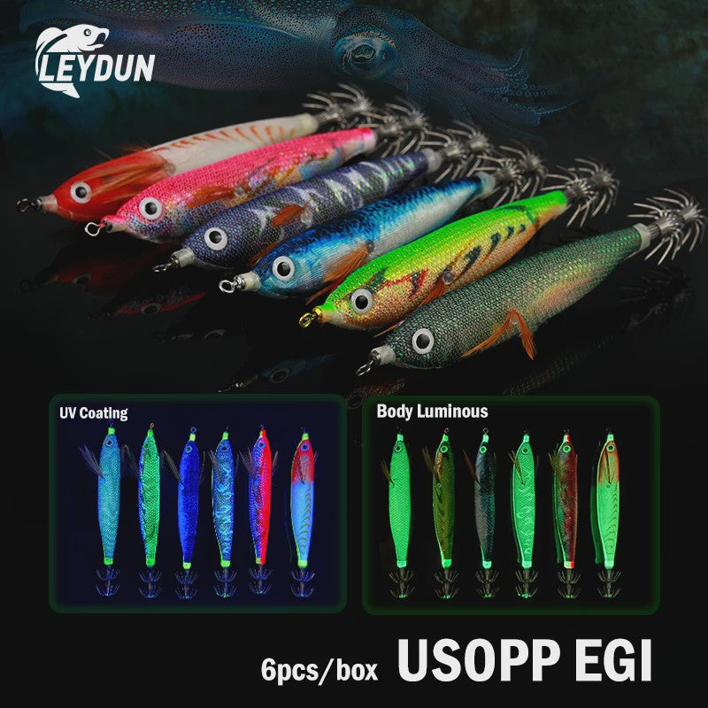 Leydun EGI Vis Lokaas Set: 6x 110mm Luminous & UV Coating Shrimp Jigs