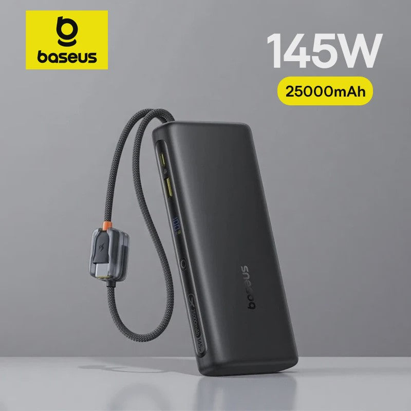 Baseus 145W Powerbank 25000mAh met Ingebouwde Type-C Kabels - Snel Laden voor Laptop, Tablet & Smartphone