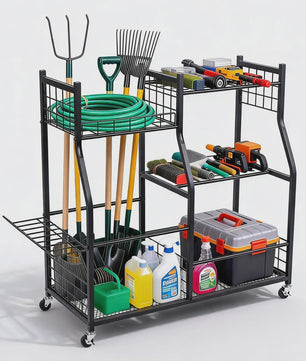 Mobiele Tuingereedschap Organizer - 3-Laags Metalen Rek met Wielen