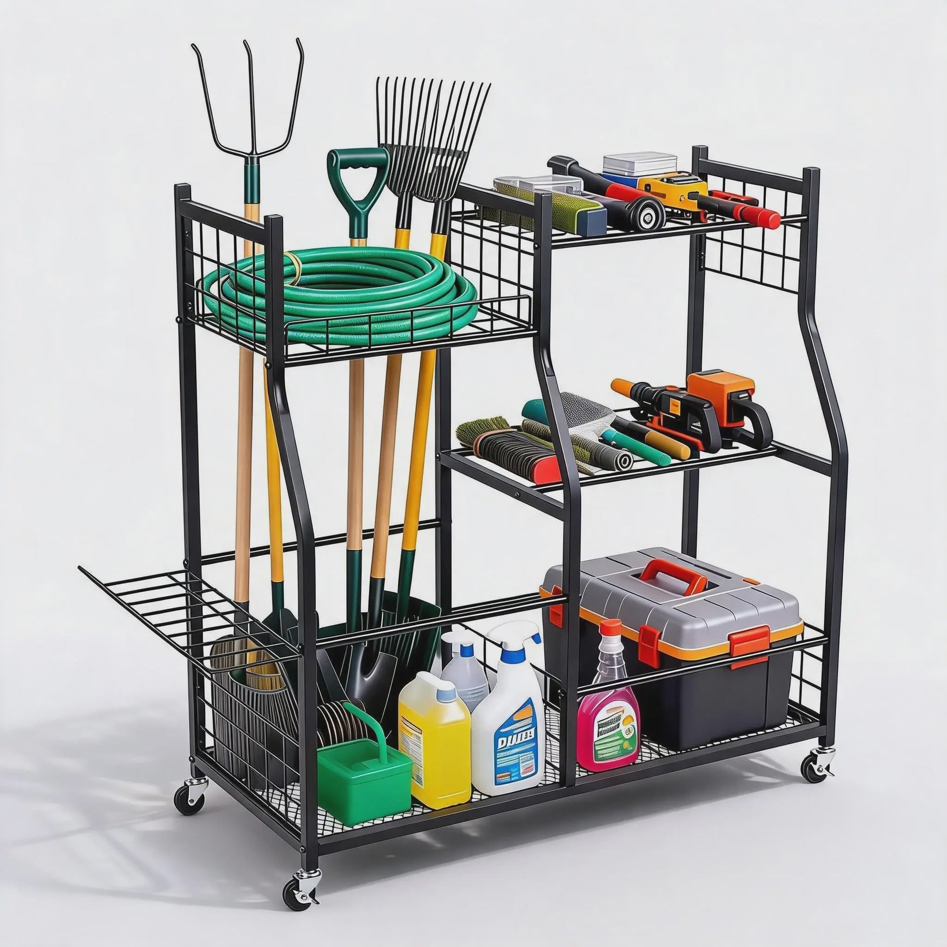 Mobiele Tuingereedschap Organizer - 3-Laags Metalen Rek met Wielen