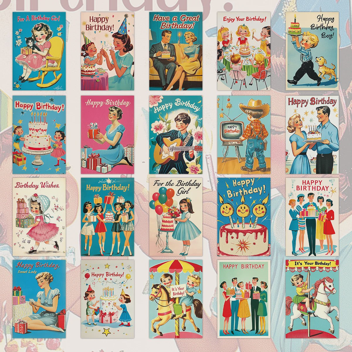 20x Vintage Verjaardagskaarten - Retro Mid-Century Wenskaarten, Uitnodigingen & Decoratie