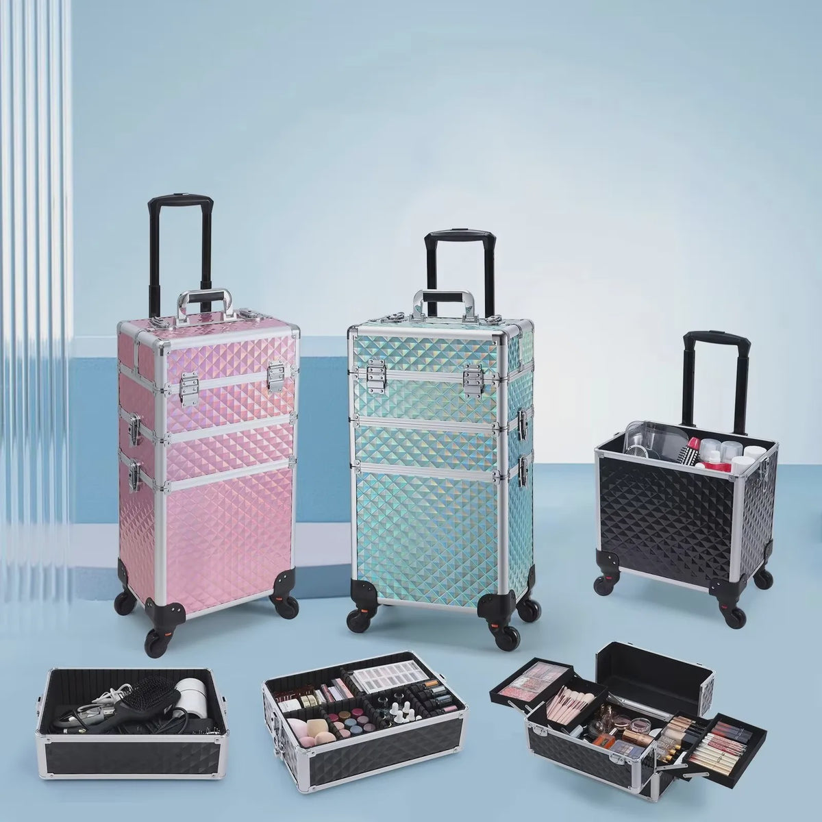 3-in-1 Make-up Trolley Koffer op Wielen - Verwijderbaar & Afsluitbaar - Professionele Make-up Case