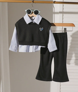 Schattige Baby Meisjes Set: Geborduurd Vest, Gestreept Shirt & Flared Broek