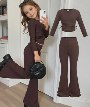 Kids Girls 2 Piece Brown Waffle Knit Ruched Drawstring Crop Top & Flare Pants Set Casual Daily Outfit
