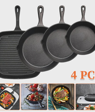 Set van 4 Gietijzeren Koekenpannen - Non-stick, Vooraf Ingebrand, Grillpan