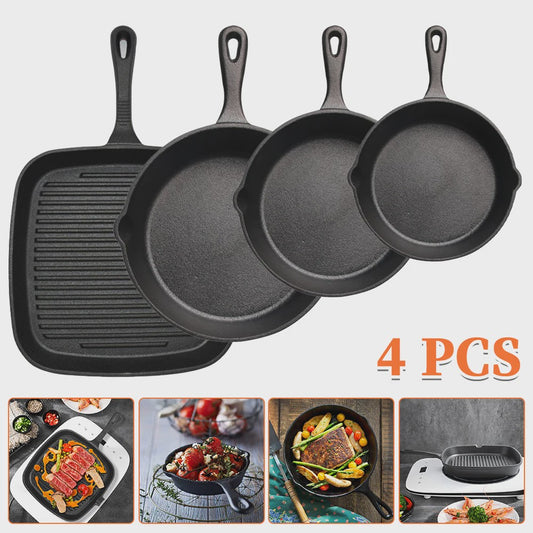 Set van 4 Gietijzeren Koekenpannen - Non-stick, Vooraf Ingebrand, Grillpan