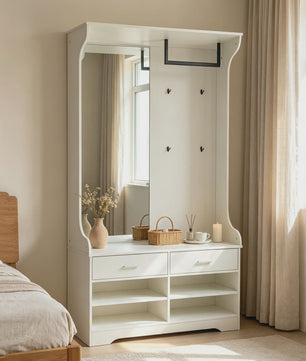Witte Kapstok met Spiegel, Schoenenkast, Lades en Open Vakken - Multifunctioneel Entree Meubel