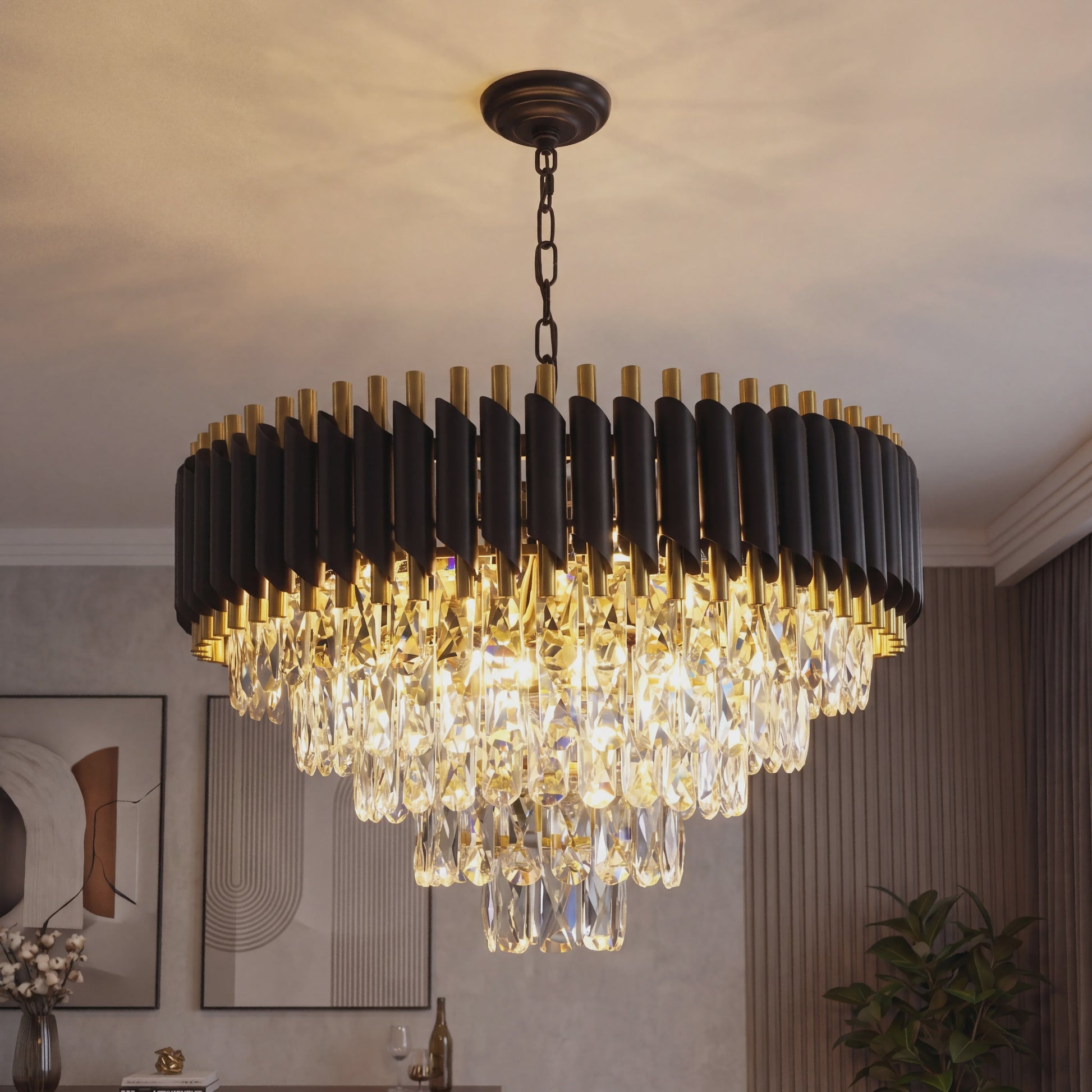 Moderne Zwarte Kristallen Kroonluchter Rond 5-Tier Ø60cm Dimbare Hanglamp