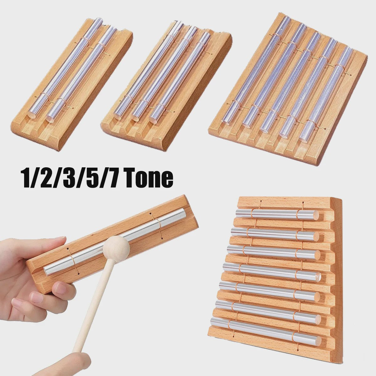 Houten Meditatie Klokkenspel - 1 t/m 7 Tonen, Aluminium Staven, Beuken Houten Basis
