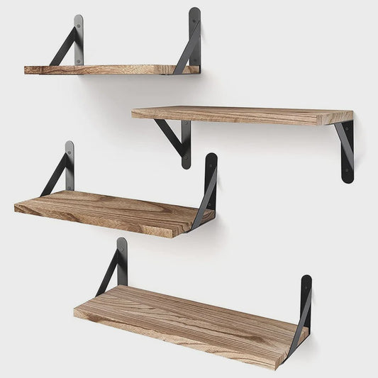 Set van 4 Rustieke Houten Zwevende Wandplanken - 3 Maten (29/36/42cm) met Zwarte Beugels