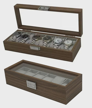 Luxe Houten Horlogedoos met Glazen Deksel - 6 Vakken - Walnoot Patroon