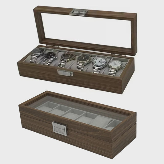 Luxe Houten Horlogedoos met Glazen Deksel - 6 Vakken - Walnoot Patroon