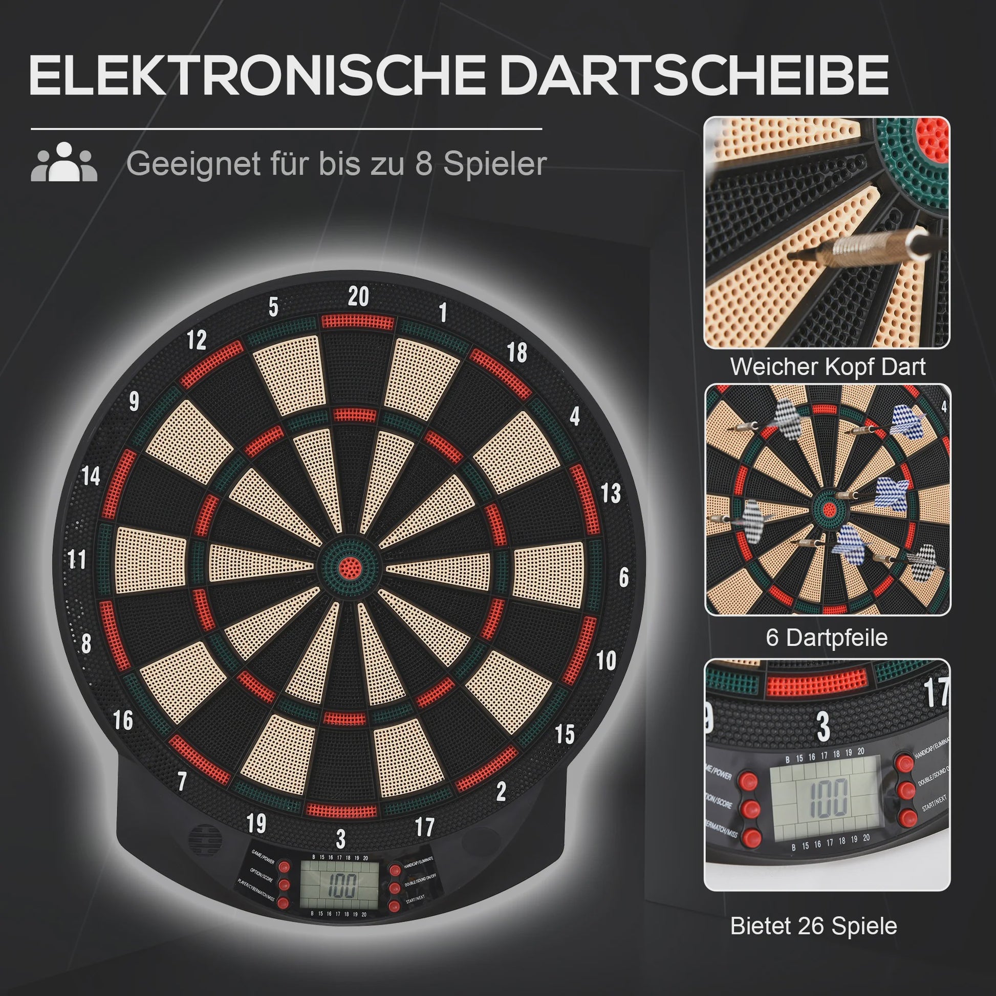 Elektronisch Dartbord met Automatische Score - 26 Spellen, 8 Spelers, Inclusief 6 Darts