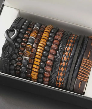Set van 12 Vintage Armbanden: Gevlochten Kunstleer met Tijgeroog & Maansteen Kralen