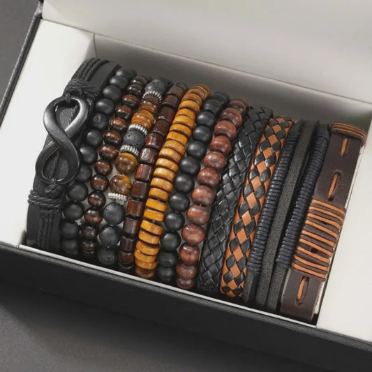 Set van 12 Vintage Armbanden: Gevlochten Kunstleer met Tijgeroog & Maansteen Kralen