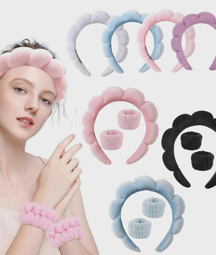 Cosmetische Puffy Hoofdband en Polsbandjes Set - Microfiber voor Gezichtswas & Make-up