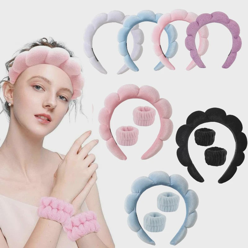Cosmetische Puffy Hoofdband en Polsbandjes Set - Microfiber voor Gezichtswas & Make-up